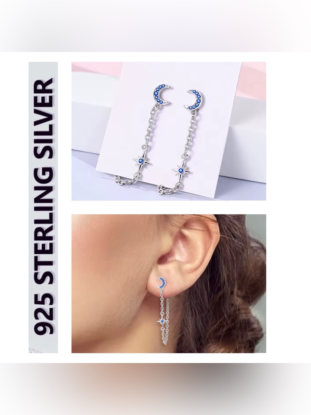 🌟🌟 S925 Sterling Silver Moon & Star Drop Earrings